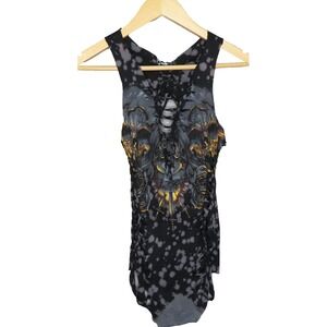 Affliction Sleeveless Bodysuit Medium Gray Black Skulls Scoop Neck Distressed